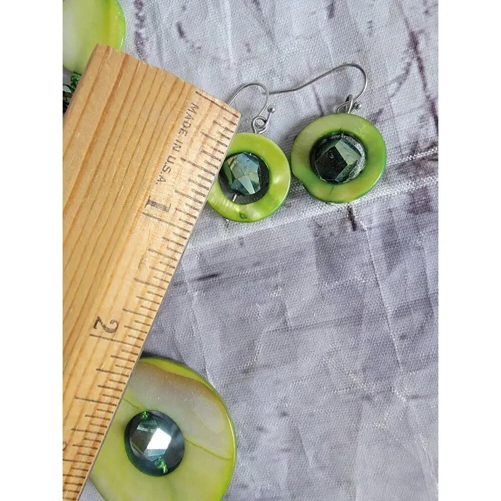 Pea Green Round Shell Necklace Chime round statement Piece Matching Earrings